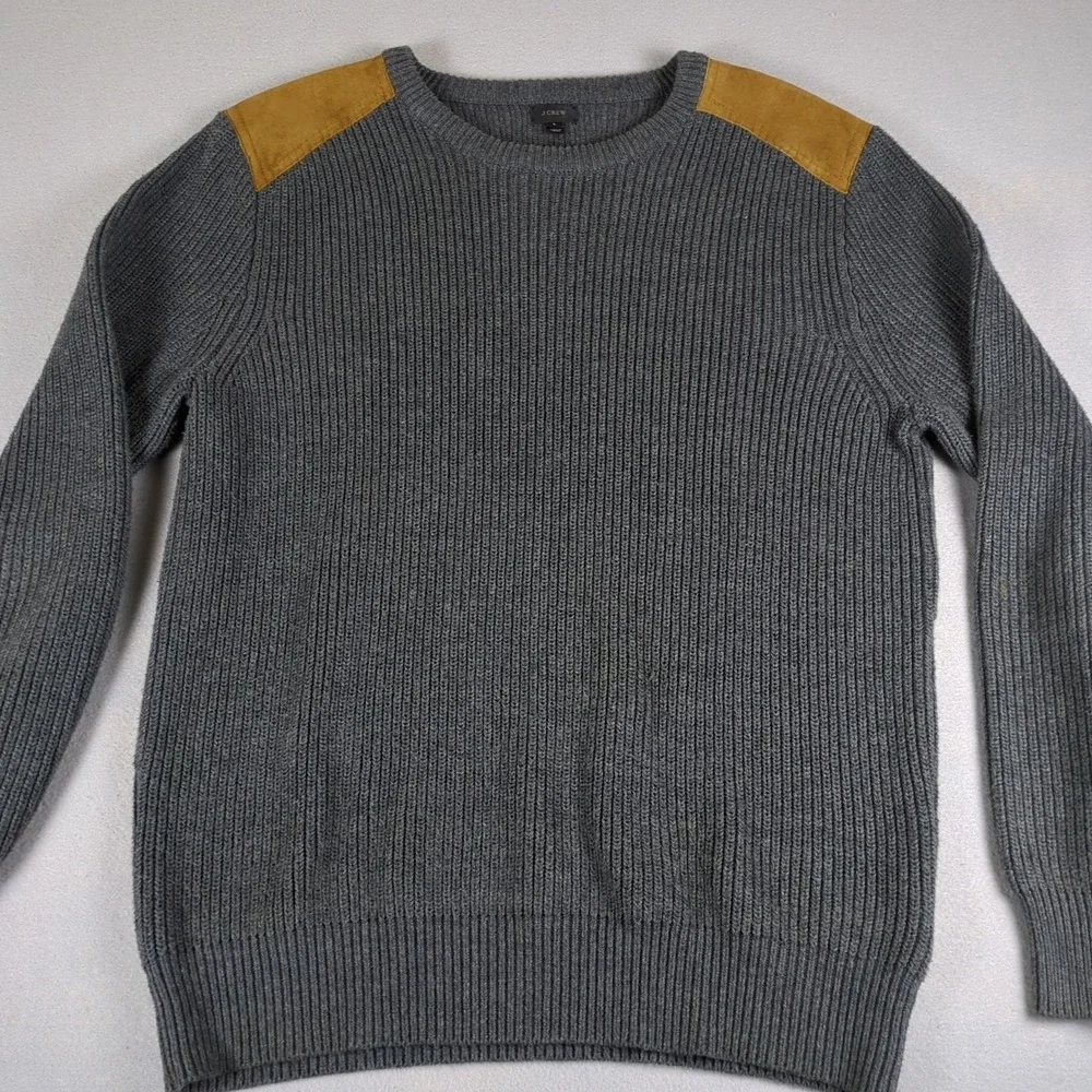 J Crew Woodsman Sweater Mens Large Gray Ribbed Suede Shoulder Patches Retail